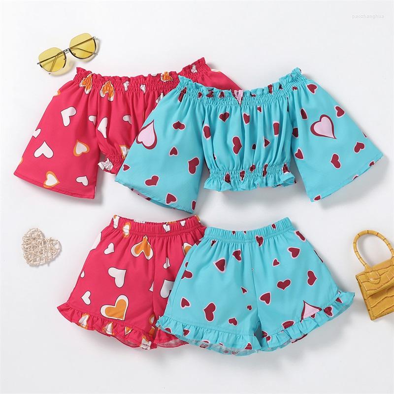 

Clothing Sets 2-7Y Toddler Kids Baby Girl Off Shoulder Heart Pattern Pullover Tops High Waist Shorts 2PCS Outfits Summer Clothes Set, Blue