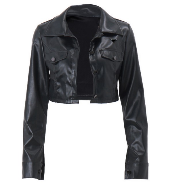 

Fashion women's clothing designer women's leather jacket sexy navel hot girl motorcycle suit single-breasted leather jacket jacket, Black