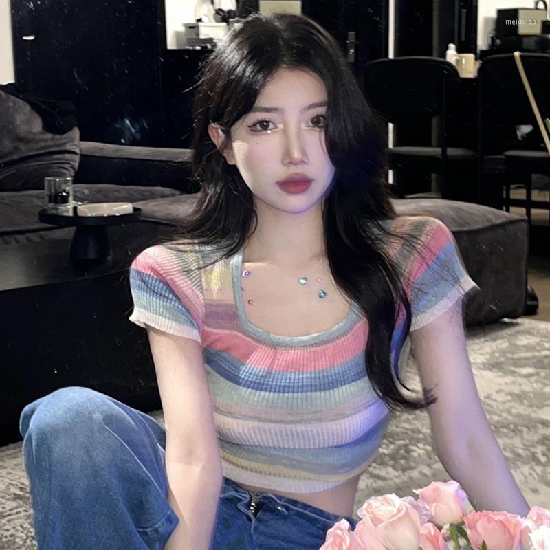 

Women's T Shirts Women Summer Contrast Color Stitching Striped Knitted T-shirt Sweet Square-neck Short-sleeved Crop Tops, Blue