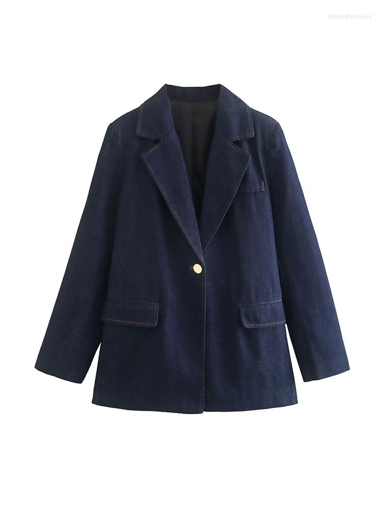 

Women's Suits Women 2023 Fashion Gold Button Decoration Cowboy Blazer Coat Vintage Long Sleeve Female Outerwear Chic Femme, Blue