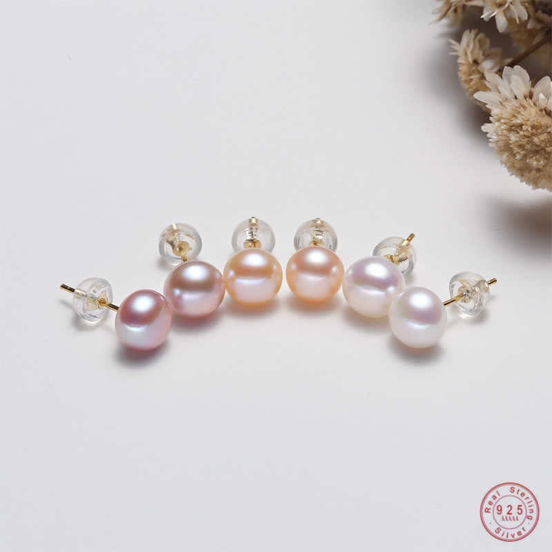 

925 Sterling Silver Simple Round Freshwater Pearl Stud Earrings Women Light Luxury Temperament Mother's Day Jewelry Gift