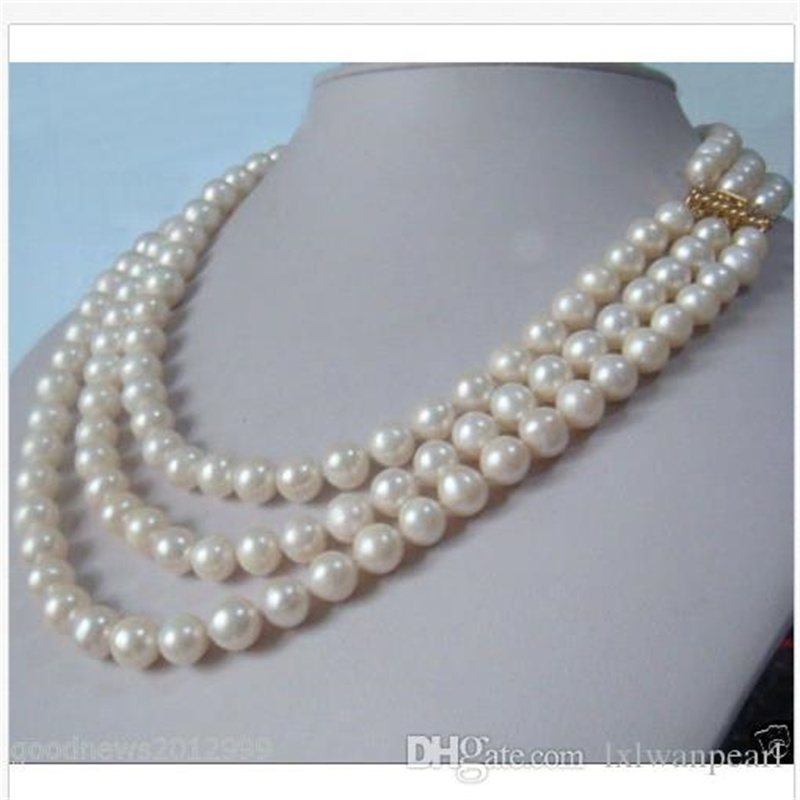 3 Strands Natural 9-10mm Akoya White Pearl Necklace 18-19-20" 14K Gold Clasp-image-435668493