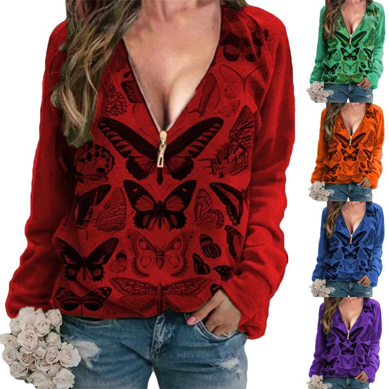 

Women's T Shirts 2023 Autumn And Winter Women's T-Shirt V-Neck Butterfly Print Zipper Long-Sleeved Casual Top Women, Red