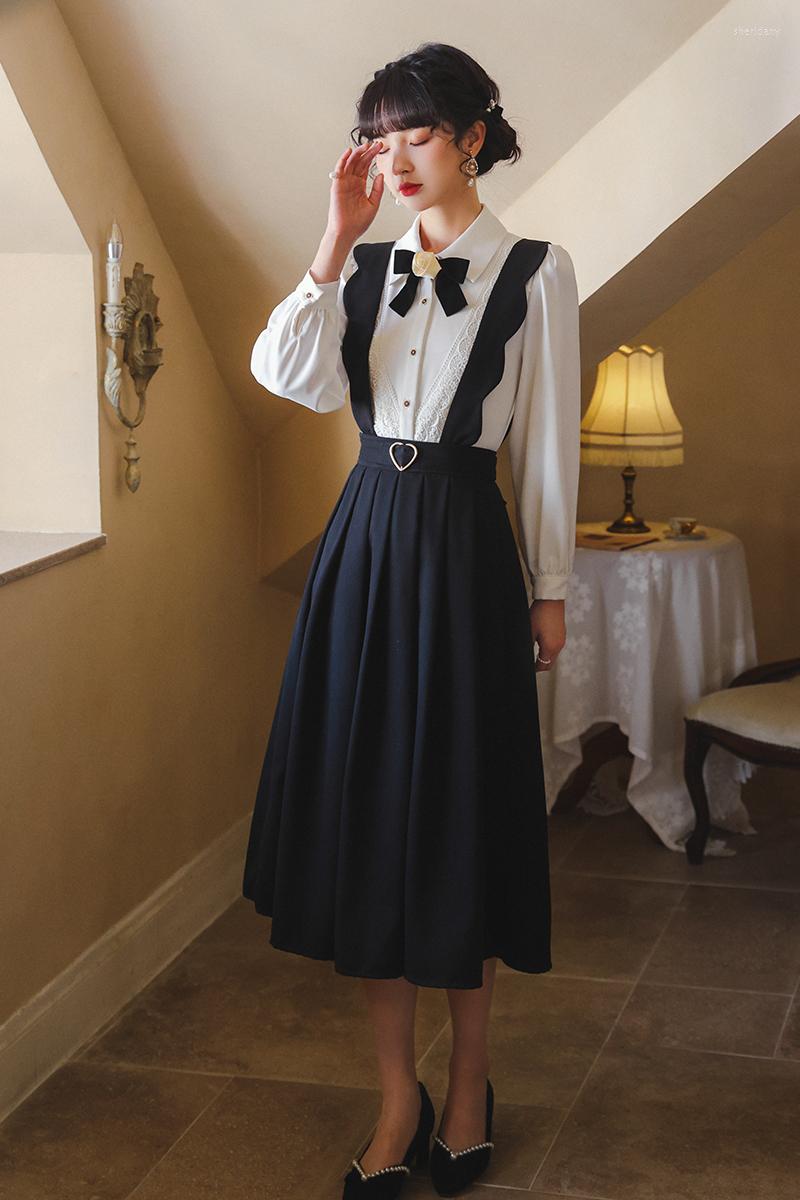 

Work Dresses SWEETXUE Women' Vintage Long Sleeve Bow Shirt Tops Female Strap Skirt Fashion Preppy Style 2 Piece Sets Outfits, Black