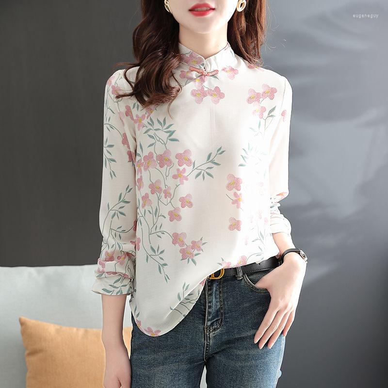 

Women' Blouses Blouse Top Women Spring And Autumn Chinese Style Retro Stand Collar Temperament Button Printing Embroidery Long-sleeved, Beige