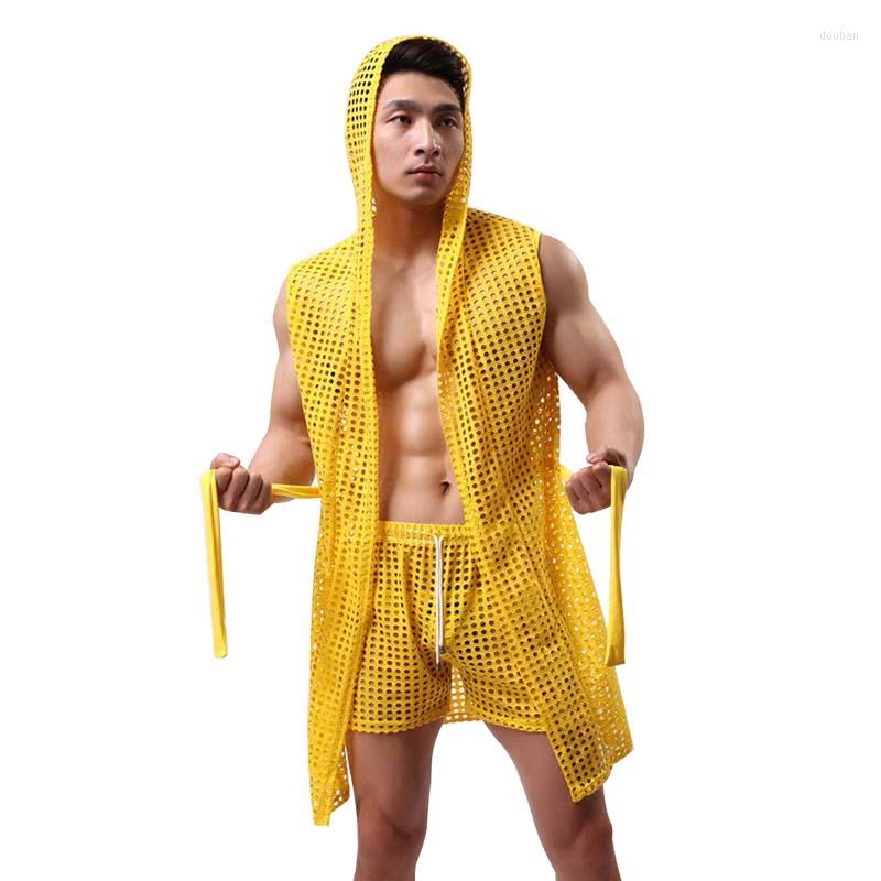

Men' Sleepwear Men' Bathrobes Kimono Home Casual See Through Sexy Bathrobe Gown Hooded Mantle Pijama Men Homme Badjas Dressing, Green