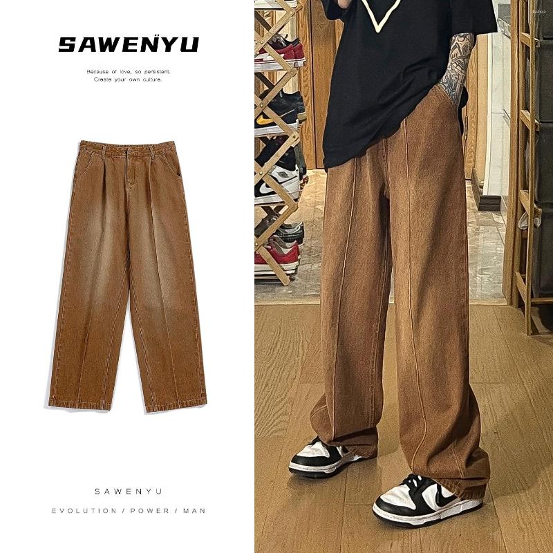 

Men's Jeans Neutral Chic Line Mopping Trousers Men Korean Style Fashion High Street Loose Straight Denim Casual Jean Pants Male, Brown