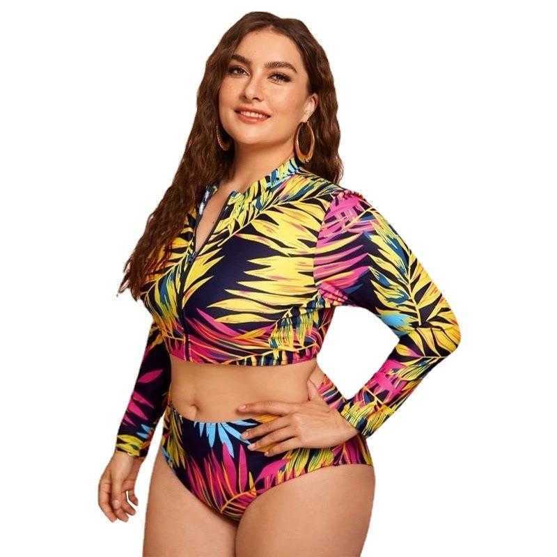 

Large Size Split Swimsuit Long Sleeve Sunscreen Digital Printing Plus Sized, Picture color
