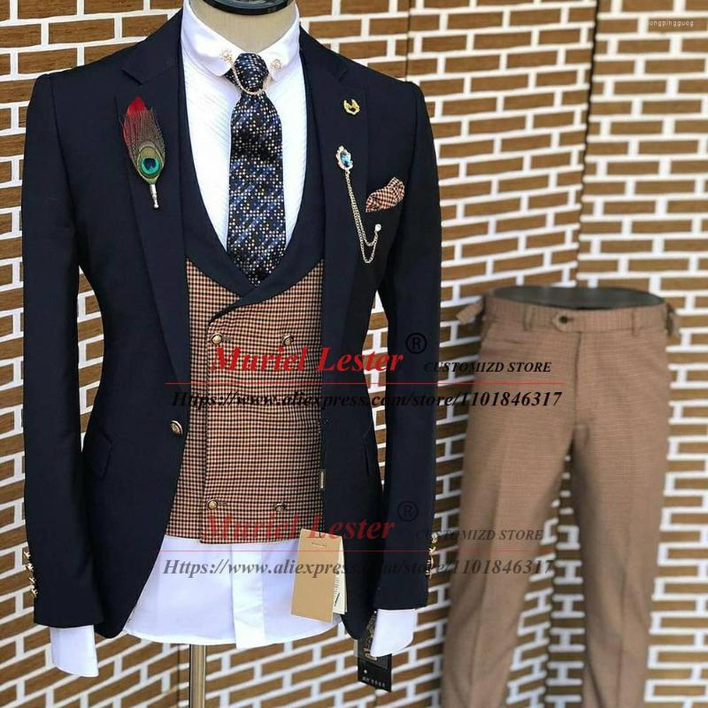 

Men's Suits Business Men Slim Fit 3 Pieces Set (Navy Blue Jacket Plaid Check Vest Pants) Tailored Made Male Fashion Groomsman Tuxedos, Black