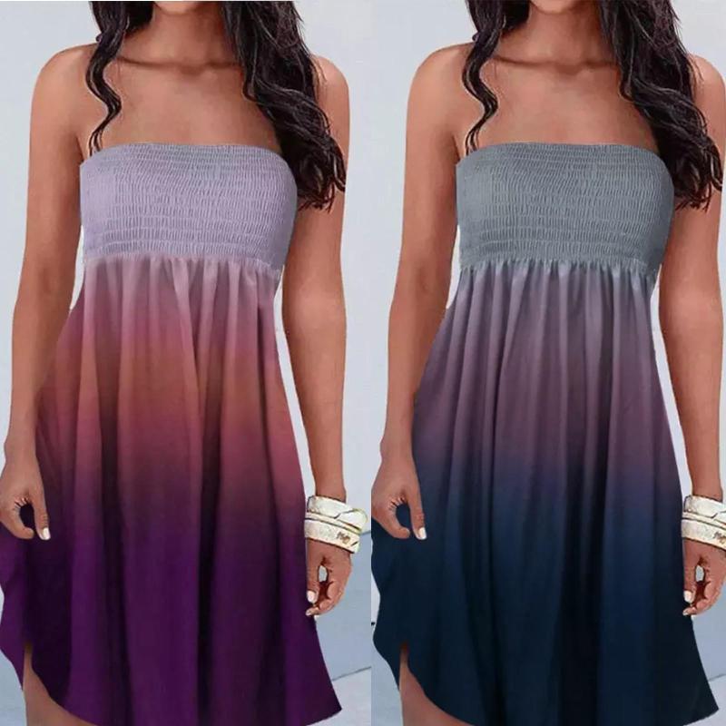 

Casual Dresses Women Summer Strapless Dress Sexy Off Shoulder Gradient Print Elegant Elastic Band Wrap Party A Line Robe Femme, Gray