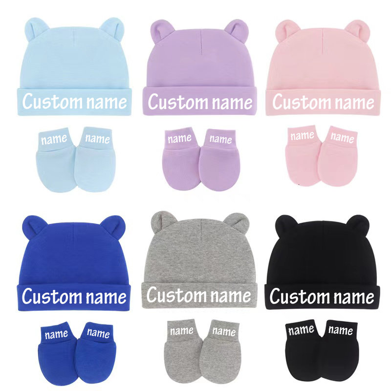 

Caps Hats Custom Name born Baby Cute Hat Mittens With Ears Cotton Stretchy Boys Girls Warm Cap Gloves Shower Gifts 230213, Navy blue