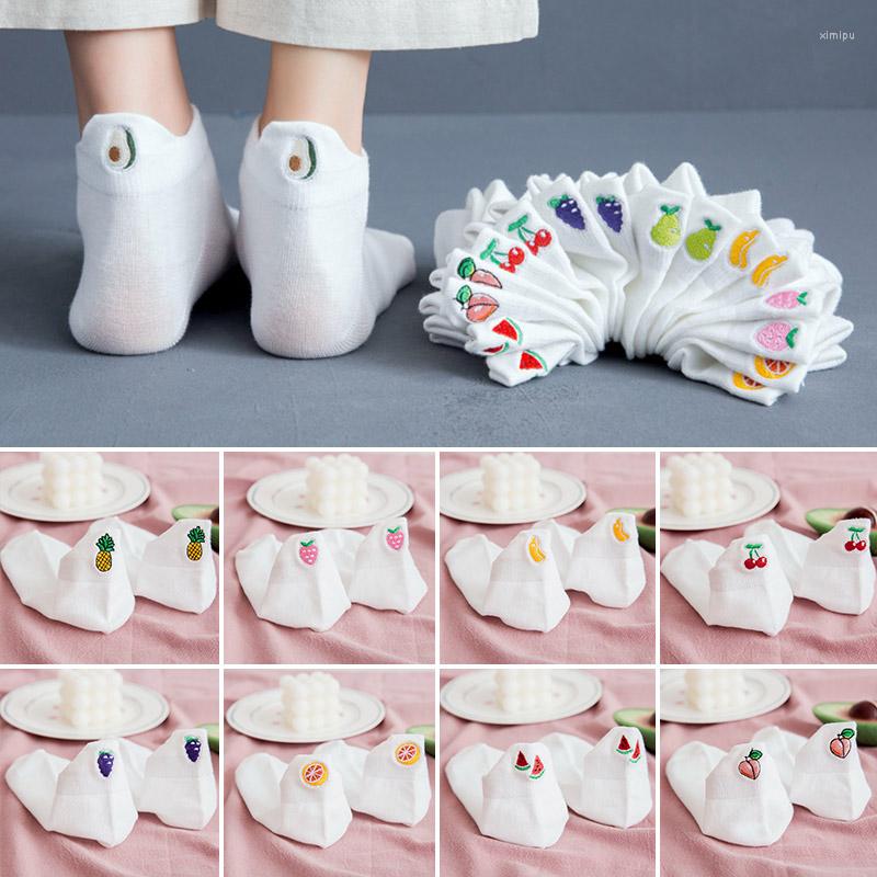 

Women Socks Fruits Embroidery Women's Boat Avocado Strawberry Watermelon Peach Banana Short Casual Solid White Cotton Ankle Sock, Cherry