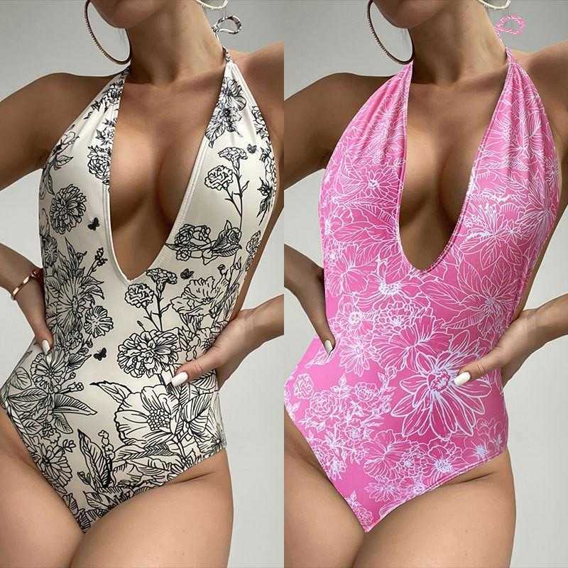 

Summer Printed Backless Siamese Swimsuit Sexy V Neck Hollow Bikini, Purple