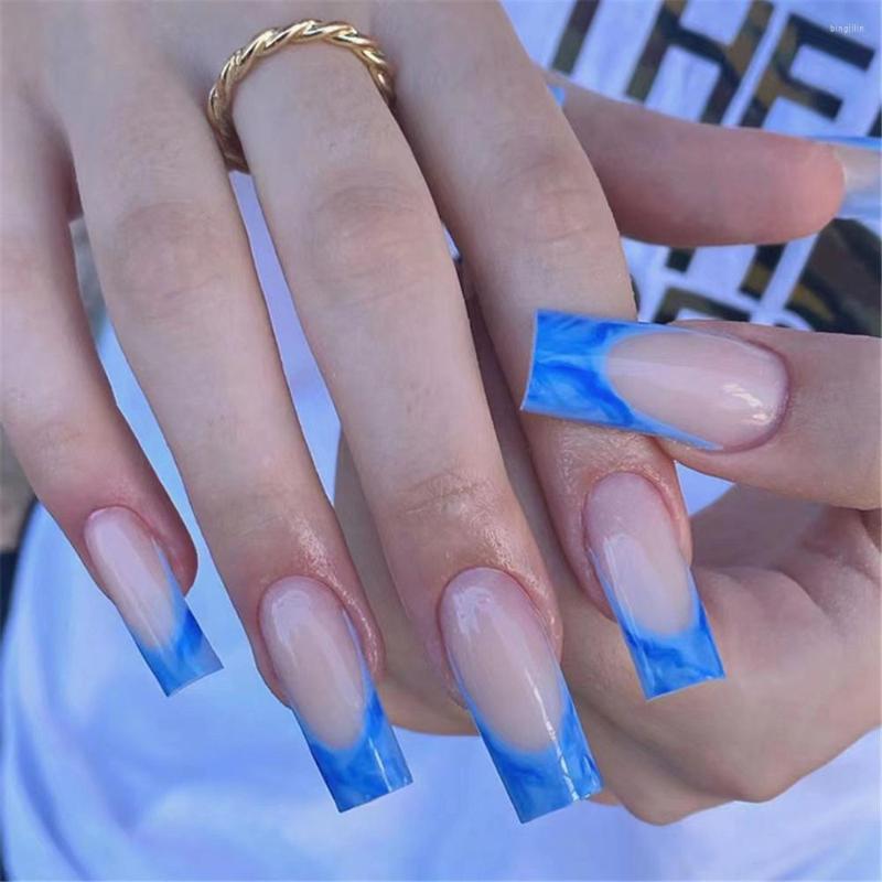 

False Nails Fashion Ballerina Set Press On Blue Blooming French Tips DIY Manicure Full Cover Coffin Fake Nail With Designs, 01