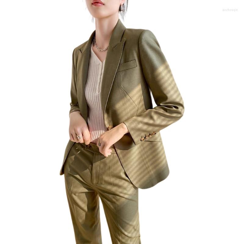 

Women' Two Piece Pants Autumn 34.3% Wool Temperament Professional Suits Tie-in Straight Canister Top Femme Conjuntos De Pantalones Garnitur, Beige