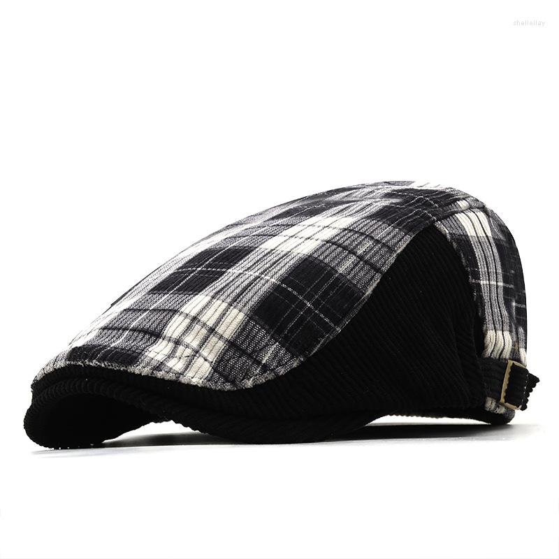 

Berets Bone Masculino Beret Hat Men Women Plaid Flat Peaked Cap Plus Velvet Warm Herringbone Patchwork Visor Artistic Sboy Caps, Coffee