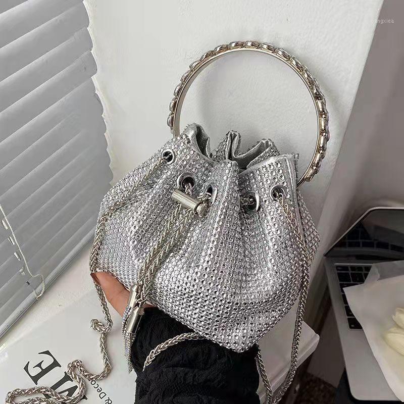 

Evening Bags Women Fashion Drawstring Stone Mini Bucket Chain Shoulder BagEvening, Silver