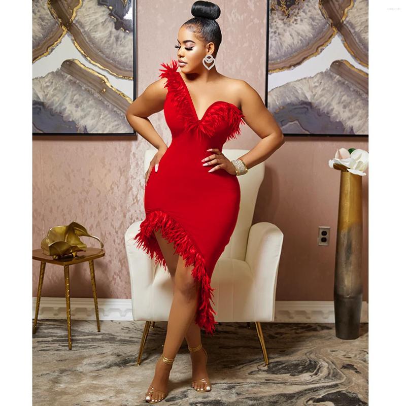 

Casual Dresses Luxury Feathers Midi Party Dress Women Sexy One Shoulder V Neck Sleeveless Asymmetrical Bodycon Clubwear Prom Evening Gown, Black