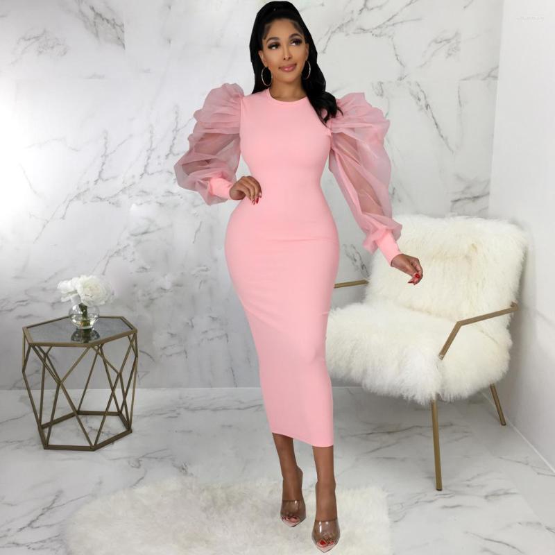 

Casual Dresses Sheer Mesh Puff Sleeve Midi Party Dress Elegant Women Long Sleeved Bodycon Office Lady Fashion Work Outfits, Black
