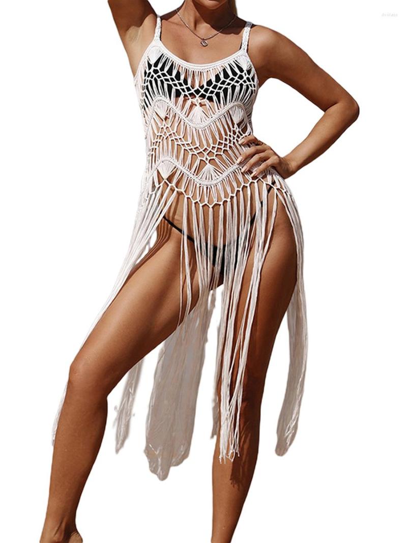 

Women's Swimwear Women's Summer Crochet Bikini Cover Up Solid Color Sleeveless Hollow Tassel Beachwear