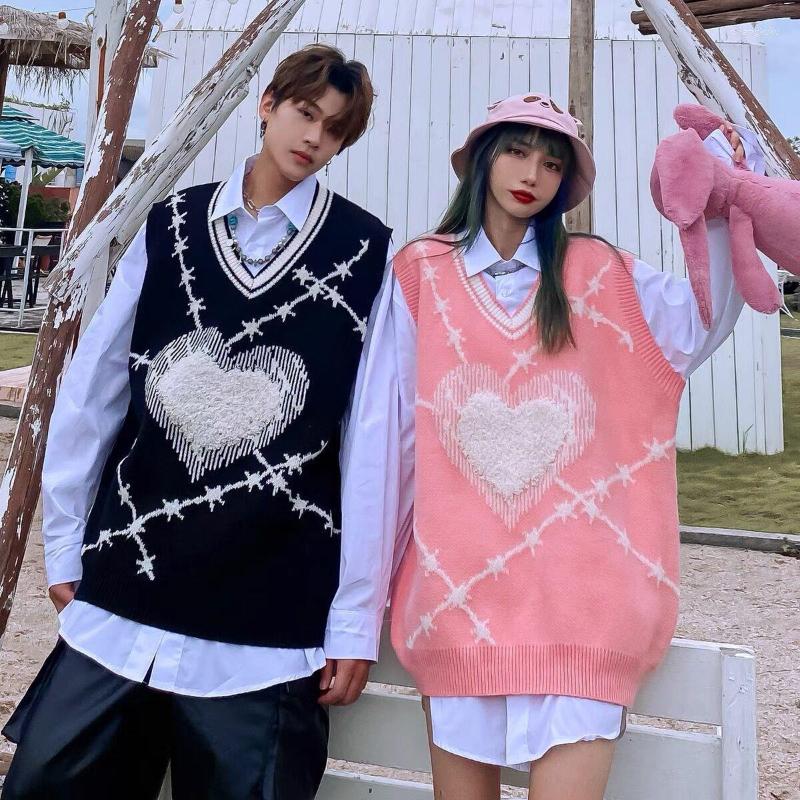 

Men' Sweaters Winter Men' Sweater Couple Style Japanese Vintage Love Vest Trendy Brand Loose Hip Hop Kan Shoulder College Youth, Black