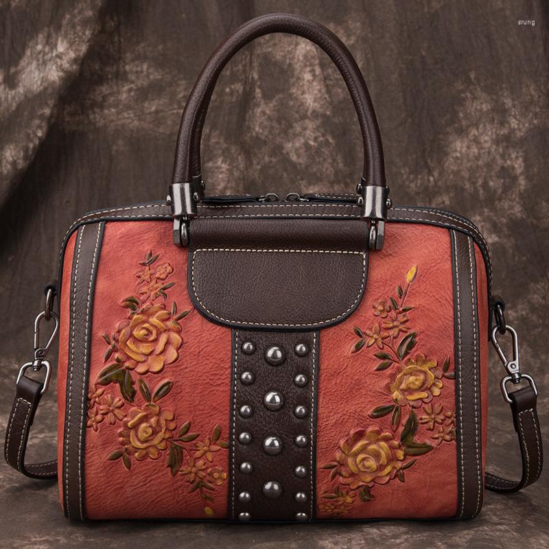 

Evening Bags Johnature Retro 2023 Genuine Leather Women Bag Hand Painted Floral Handbag Large Capacity Cowhide Shoulder & Crossbody, Red