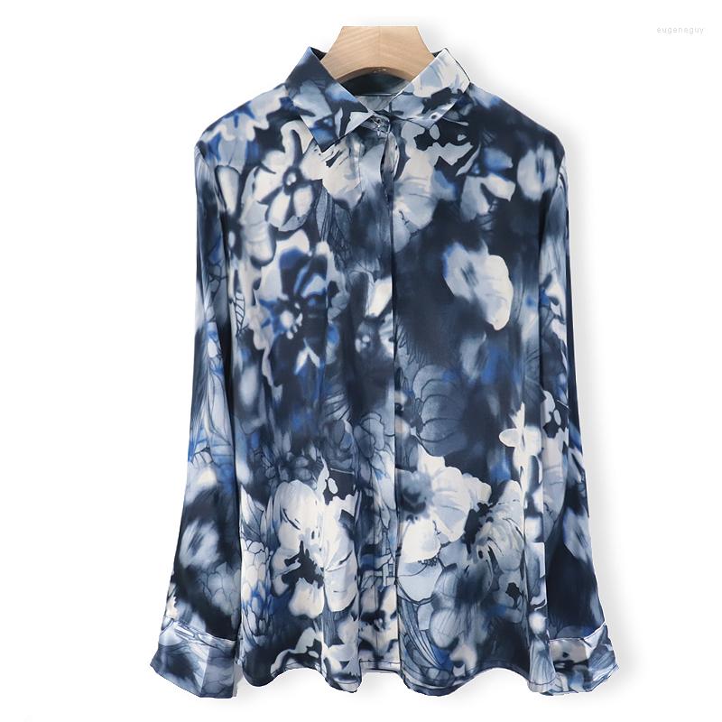 

Women's Blouses Women Summer 95% Natural Silk Blouse Real Long Sleeve Basic Shirt Floral Print Top Shirts For, Picture shown