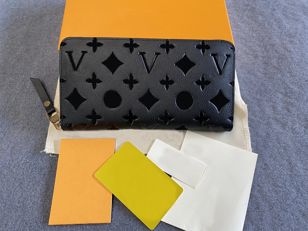 

Fashion Black Embossing womens wallets clutch lady long purse leather single zipper wallet classical corn purses card holder 60017 with orange box, Black grid