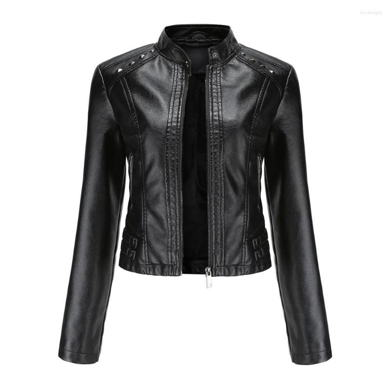 

Women' Leather Rivet Motor Jacket Woman' Black Crop Top Streetwear Spring Soft Faux Coats Stand Collar