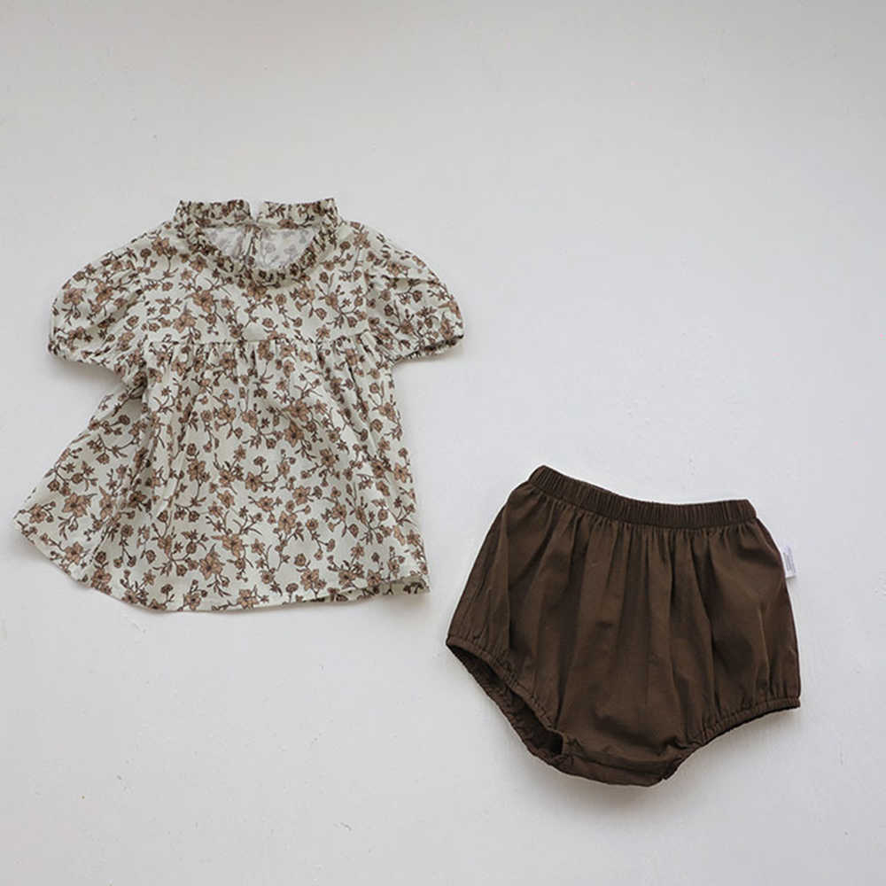

Sets Fashion Floral Short Suit Fluffy Sleeve Tshirt Cute Cotton Shorts Newborn Baby Girl Clothing, Am2450 beige