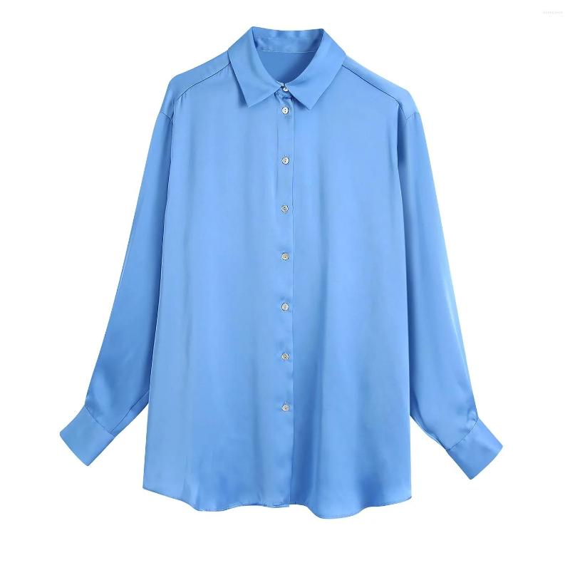 

Women's Blouses Xitimeao Women Summer Autumn Retro Solid Color Simple Loose Sleeve Lapel Soft Satin Shirt Casual Chic Irregular, Blue