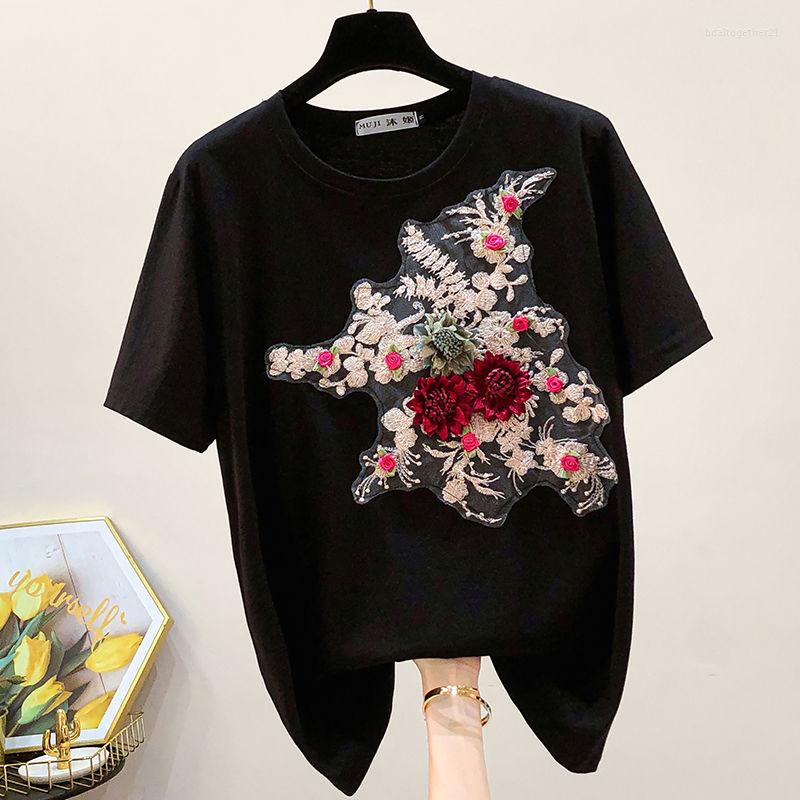

Women's T Shirts T-shirt Women's Cotton Short Sleeve 2023 Spring Summer Large Top Loose Thin Embroidered Flower White, Black