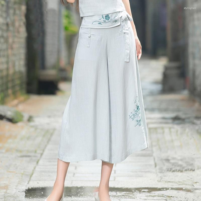 

Ethnic Clothing Flare Pants Women 2023 Cropped Trousers Skirt Embroidery Lace Up Bottoms Female Traditional Chinese TA1427