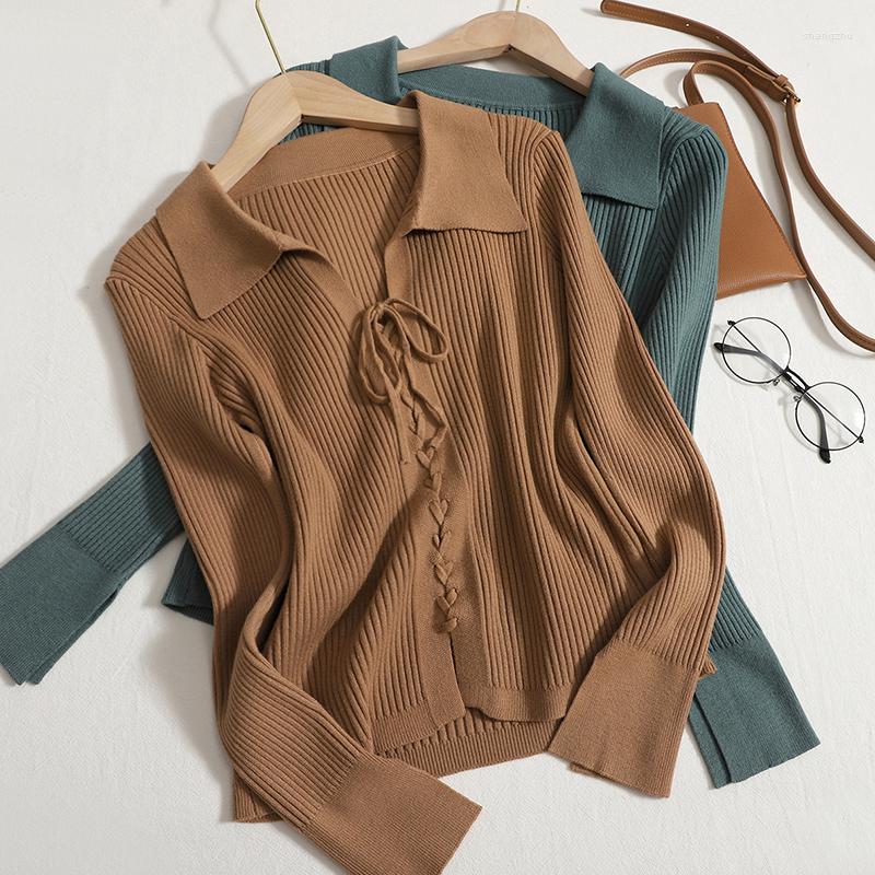 

Women's Sweaters WDMSNA 2023 Autumn Lapel Lace-up Knitted Sweater Womens Solid Color Pull Femme Long Sleeve Fashion Sueter Mujer Outer Top, Green