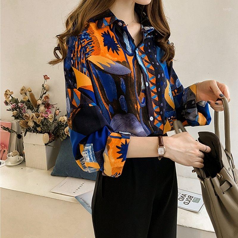 

Women's Blouses Beach Style 2023 Contrasting Colors Printed Loose Blouse Spring Summer Fashion Spliced Single-breasted Korean Polo-Neck, Green