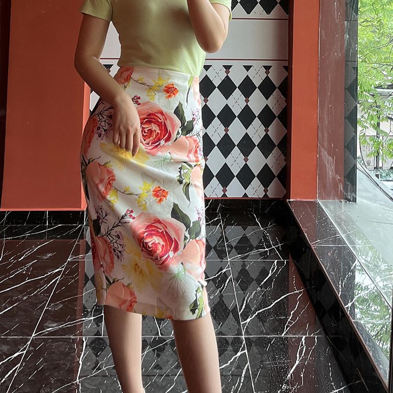 

Skirts Elegant Ladies Office Skirt Fashion Floral Vintage Print High Waist Stretch Pencil Knee Length Midi, Beige