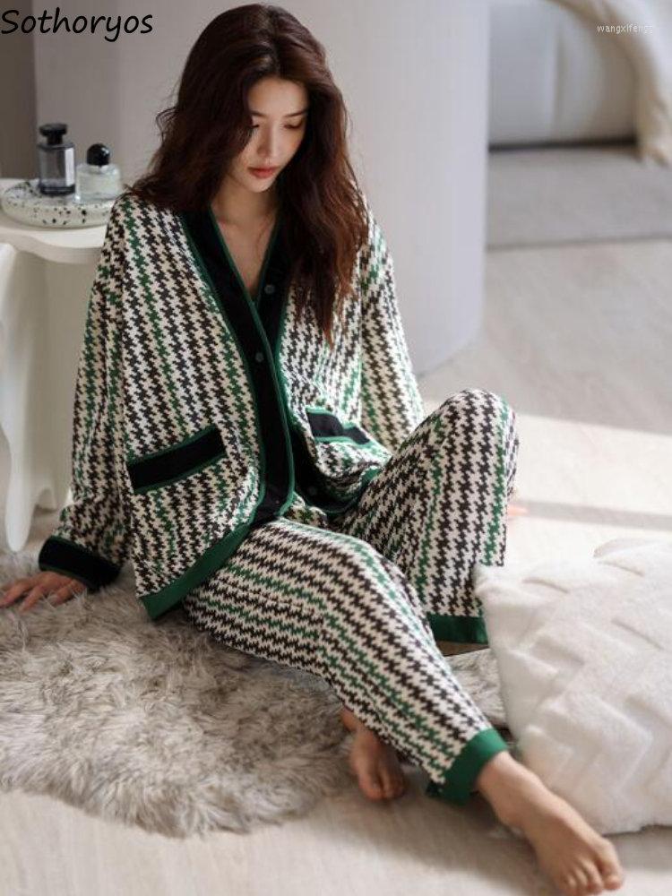 

Women's Sleepwear Plaid Pajama Sets Women -3XL Loose Design Fashion Retro Lounge Wear Korean Style Home Leisure Comfort Autumn Laides, Green houndstooth