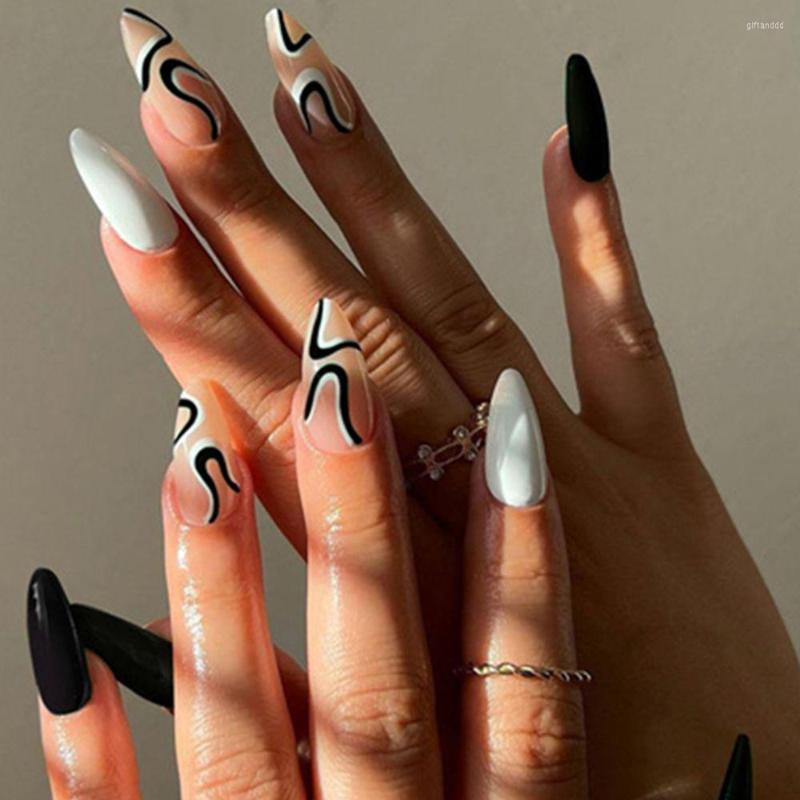 

False Nails 24Pcs Almond With French Wave Lines Design Detachable Press On Nail ABS Fake Full Cover Tips DIY Manicure, Xz216