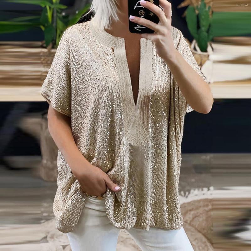 

Women's T Shirts Bulk Womens Tops Women's Workout Women Loose Sequin V Neck Short Sleeved Casual Shirt Crop Top For, Gold