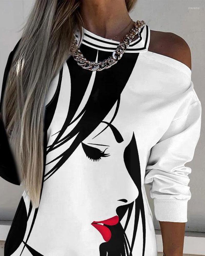 

Casual Dresses Figure Print Cold Shoulder Long Sleeve Dress Women Fashion O Neck Mini