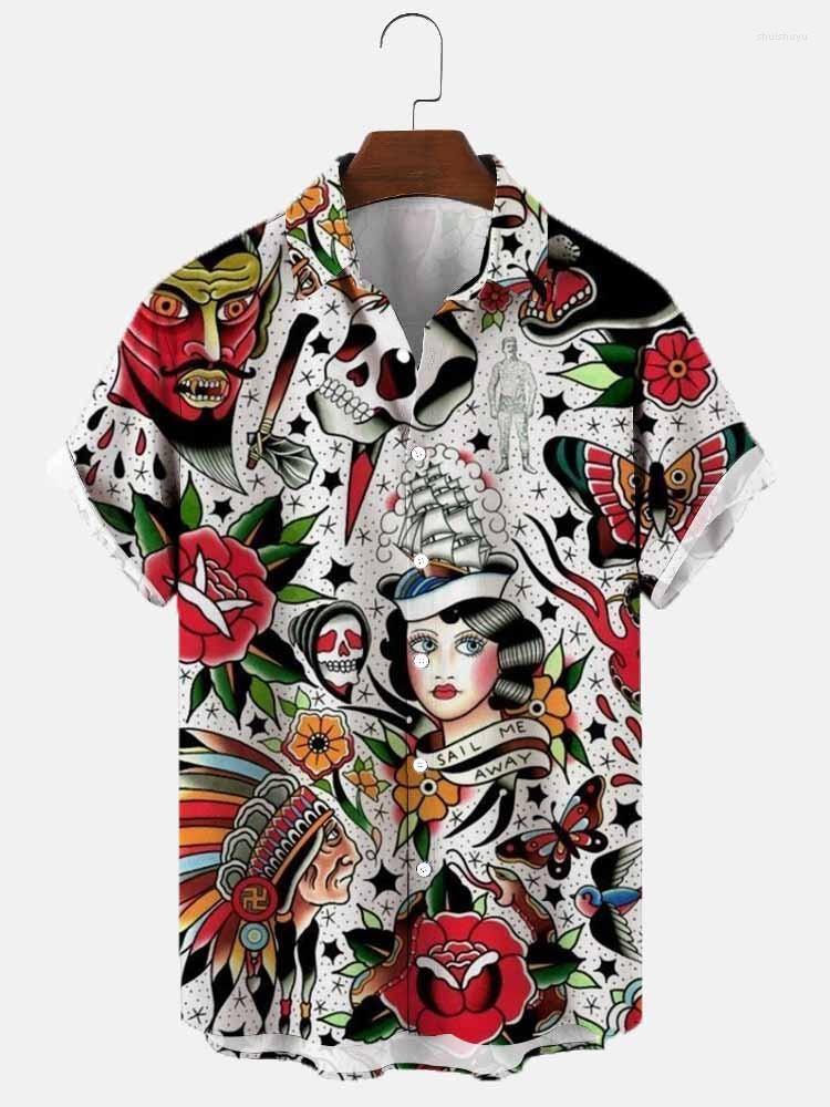 

Men's Casual Shirts Men's Retro Totem Print Breathable Short Sleeve Hawaiian Shirt Street Trend Loose Top For Men And Women, 084-220615-19