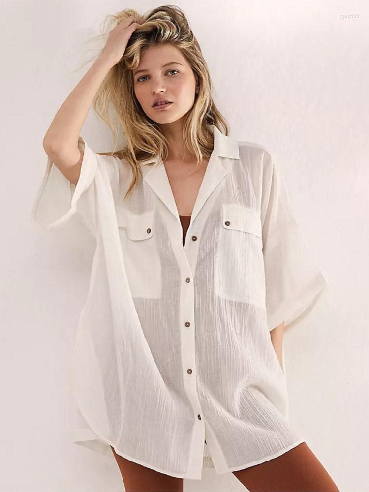 

Women's Swimwear Shirt Dress Cover Ups Women Swimsuit Pockets Sundress Bathing Suit Summer Solid Beach Sexy Bikini Short 2023, White