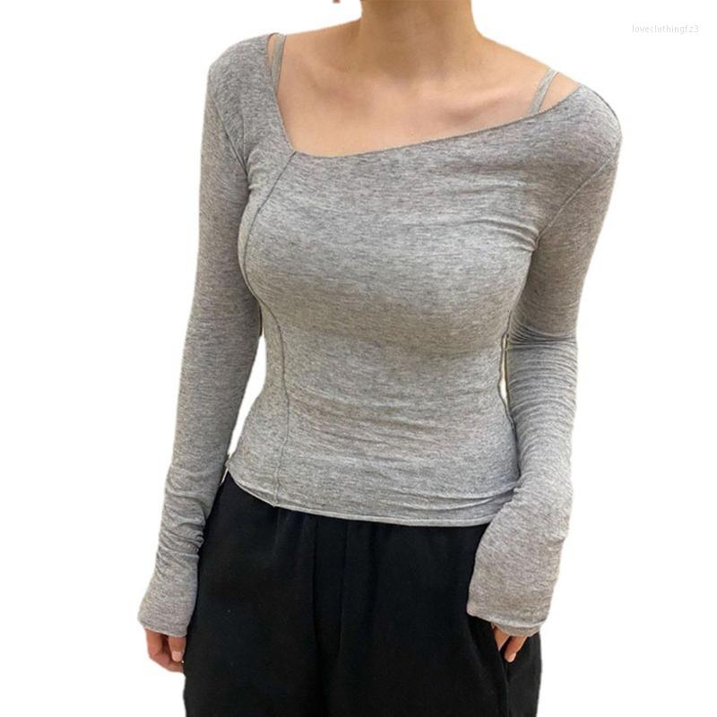 

Women' T Shirts Women Asymmetrical Neck Long Sleeve Skinny Top Solid Color Patchwork T-Shirts 13MC, Gray