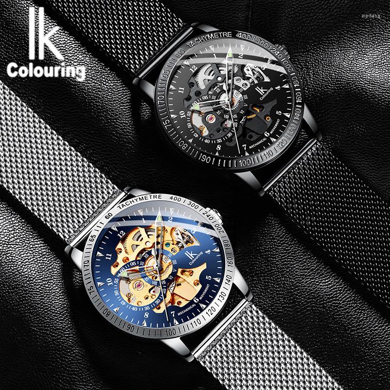 

Wristwatches IK Colouring Automatic Watch For Men Skeleton Mechanical Mesh Strap Relogio Masculino Clock