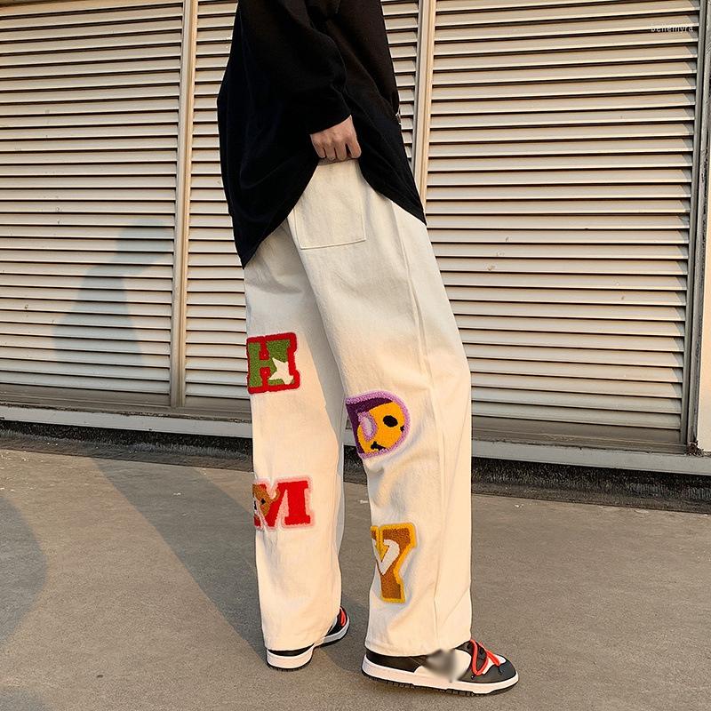 

Men's Pants Preppy Style Letter Embroidery Straight Men Baggy Tracksuit Y2K Clothes Sweatpants Male Drawstring Casual Long Trousers, Black