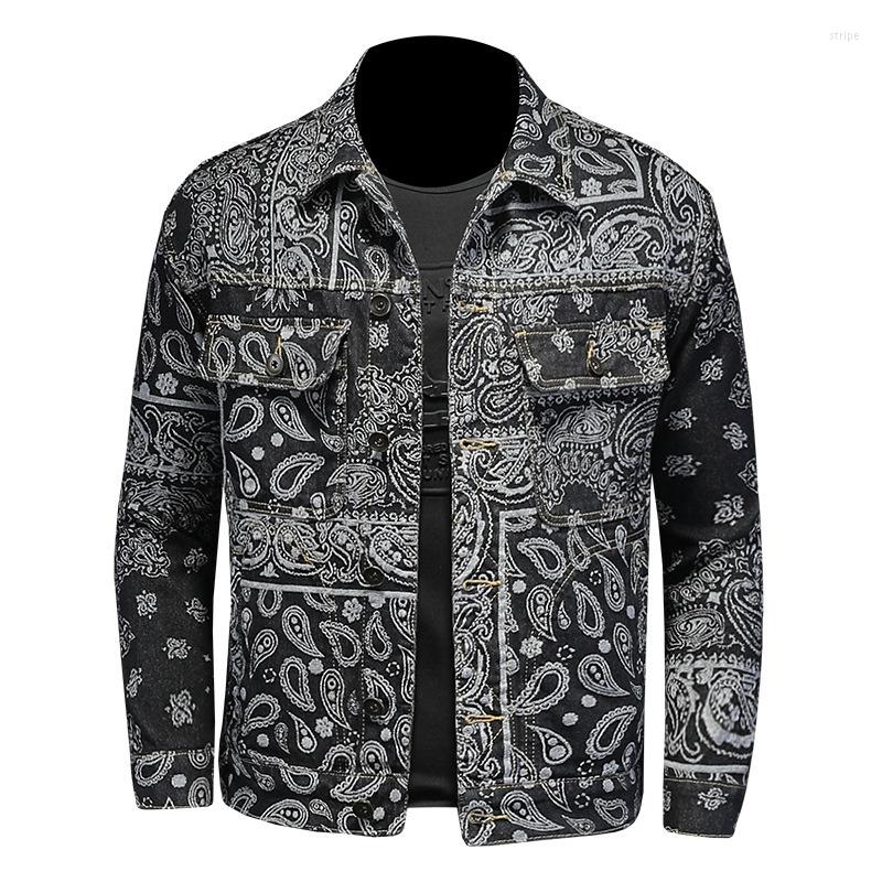 

Men's Jackets Bandana Coat Paisley Printed Denim Men And Women Autumn Fashion Casual Outerwear, Black