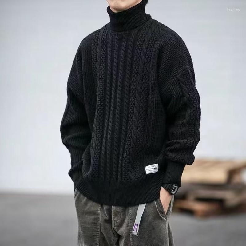 

Men's Sweaters Autumn/Winter Vintage Twisted High Neck Sweater Men's Thickened Warm Knit Fashion Loose Couple Bottom Pullover