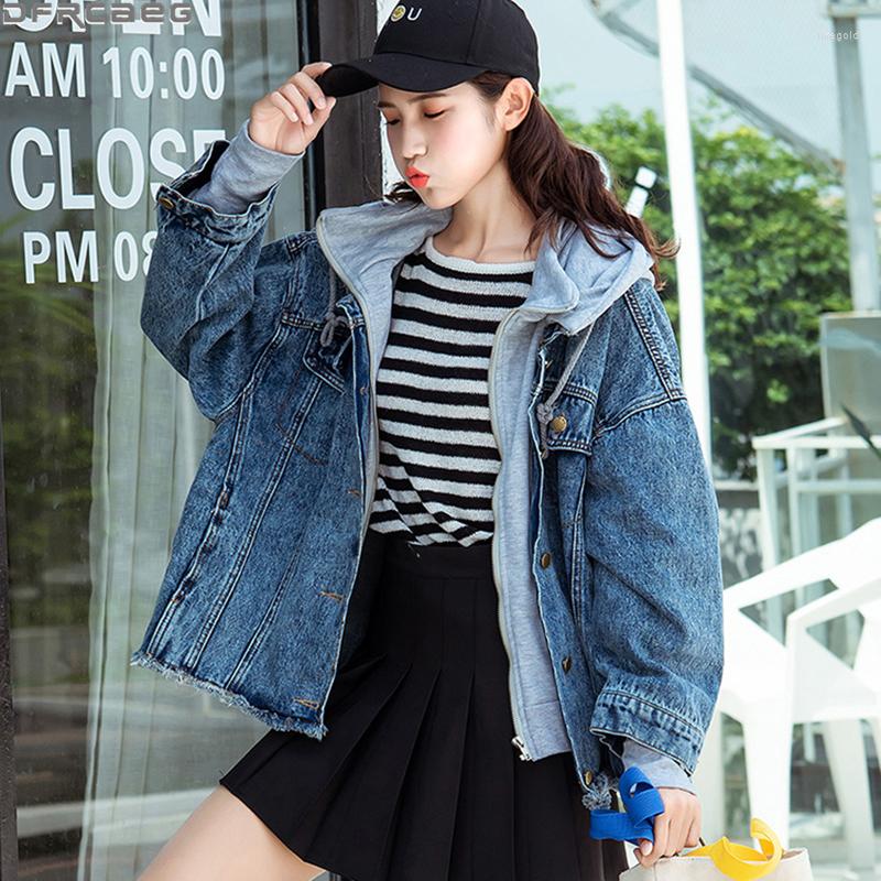 

Women' Jackets Patchwork Hoodies Jeans Jacket Women Casual Loose Boyfriend Denim Bomber Fake Two Pieces Overcoat Vintage Sweatshirt, Black