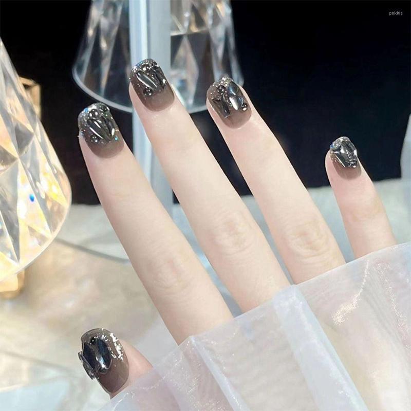 

False Nails 24pcs Nail Tips Brown Fake Nials Press On French LongBallerina Crystal Grey, Z479