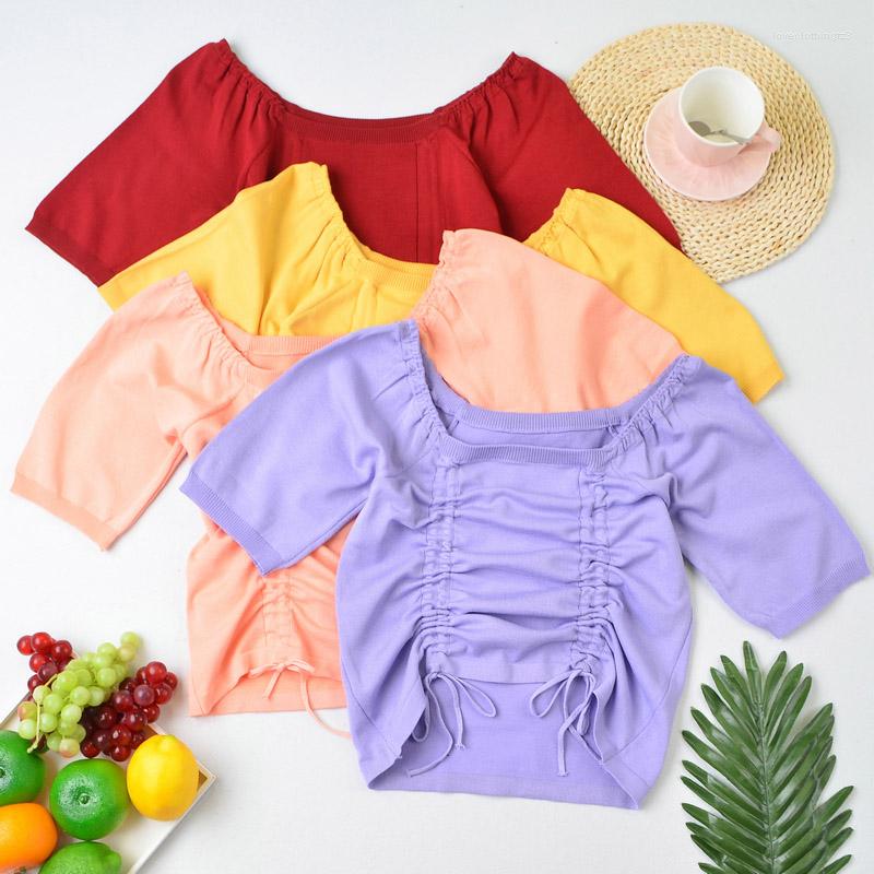 

Women's T Shirts Boring Honey Women T-Shirts Square Collar Drawstring Crop Top Knitwear Summer Short-Sleeved Camisetas Fashion All-Match, White